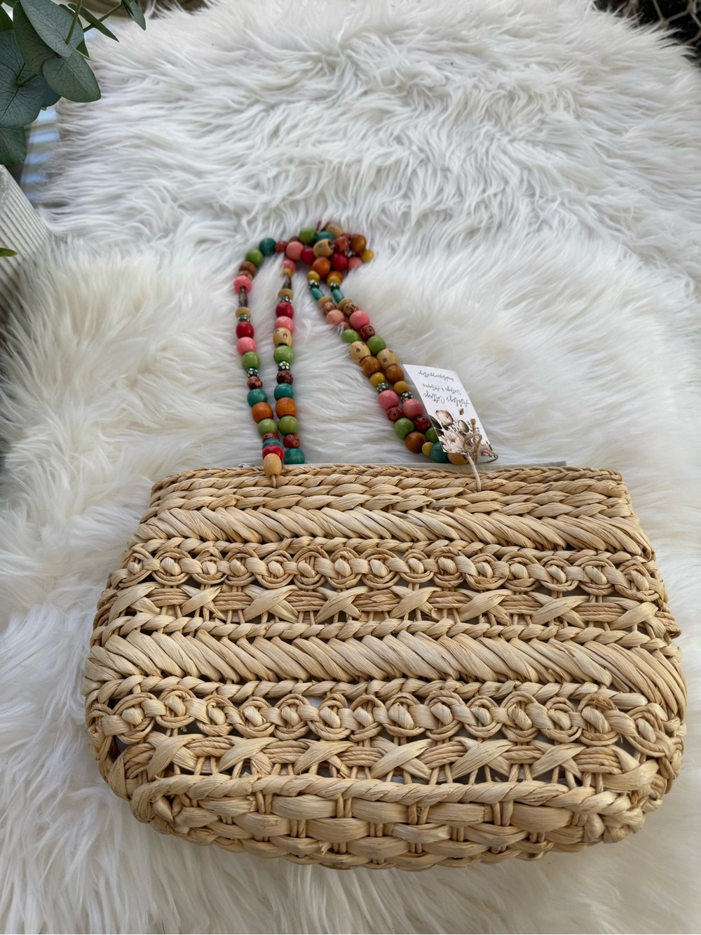 Capelli of New York Natural Straw Tote with Multicolor Beaded Strap